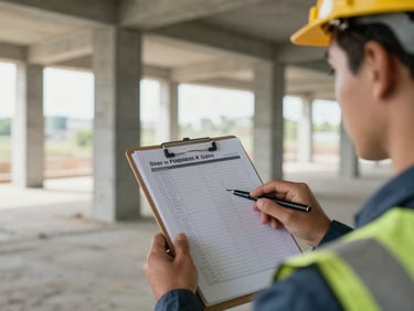 Over-the-shoulder shot of a site engineer pointing at a physical progress report on a clipboard, raw concrete columns visible in the background, natural daylight entering from an open structure, no posed expressions