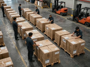 Overhead view of cargo sorting in a warehouse, workers arranging labelled boxes on pallets under fluorescent industrial lighting, floor markings and forklifts visible in background