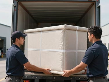 Documentary close-up of uniformed movers loading padded furniture into a large truck bay, daylight from a warehouse loading dock, depth-of-field isolating the careful hand placement on a wrapped cabinet