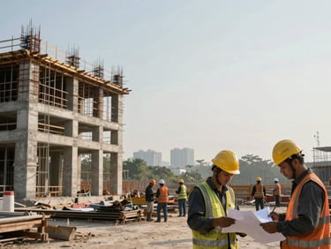 Wide documentary shot of a construction site at mid-morning, concrete framework rising on the left, workers in helmets reviewing plans in the foreground, deep depth-of-field separating activity from the hazy skyline behind