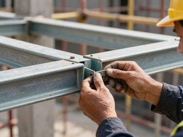 Close-up of a construction worker's hands fastening a steel beam joint on a building frame, daylight, raw concrete and scaffolding visible in background, shallow depth of field