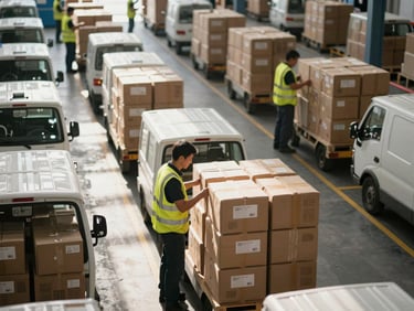 Documentary overhead shot of a logistics sorting floor, small cargo vehicles lined up at bays, workers in hi-vis vests scanning parcels under strong warehouse daylight, depth-of-field on the nearest parcel stack