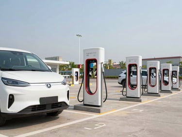 Wide-angle daylight shot of an EV charging station forecourt, multiple charging columns in a row, a white electric van plugged in at the left foreground, open sky and urban context in the background