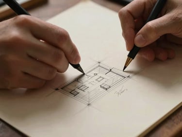 A close-up of hands sketching layout ideas on textured cream parchment paper, warm lighting, deep shadows, organic details