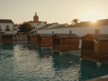Cinematic shot of historic wooden spas over the water in Los Alcázares, warm golden hour sun, soft wind.