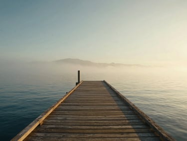 Cinematic wide-angle shot of a wooden dock in Santiago de la Ribera, soft morning mist, calm water, serene atmosphere