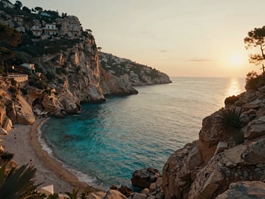 Cinematic wide shot of Cala Cortina, a hidden wild cove with turquoise water surrounded by cliffs, warm sunset light, video play overlay vibe