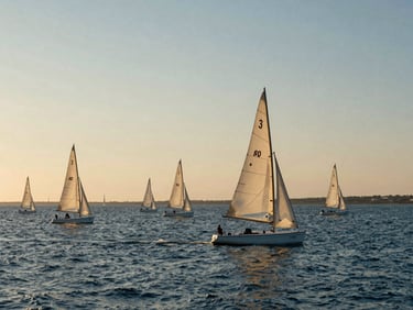 A fleet of sailing boats gliding across the calm blue waters of Mar Menor, soft morning light, distant horizon, cinematic composition.