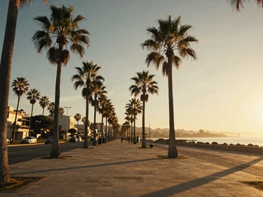 Cinematic wide-angle shot of palm trees along the Santiago de la Ribera promenade, golden hour sunset, warm light casting long shadows