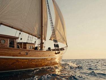 Cinematic close-up of a classic wooden sailing boat cutting through the water, warm golden hour light, water droplets in focus.