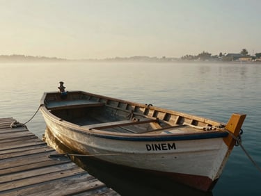 Cinematic close-up of traditional wooden boats moored at a rustic pier in the Mar Menor lagoon, soft morning mist