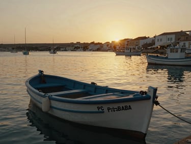 Cinematic close-up of fishing boats in Cabo de Palos harbor, warm sunset light reflecting on calm water.