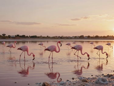 Cinematic wide shot of pink flamingos wading in the salt flats of San Pedro del Pinatar at sunset, soft pink and golden reflections.