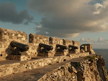 Cinematic shot of the ancient military batteries of Castillitos on the Cartagena cliffs, majestic stone architecture, dramatic sky