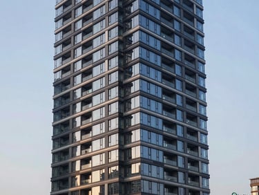 Sleek modern high-rise apartment building at dusk, glass reflections, urban luxury