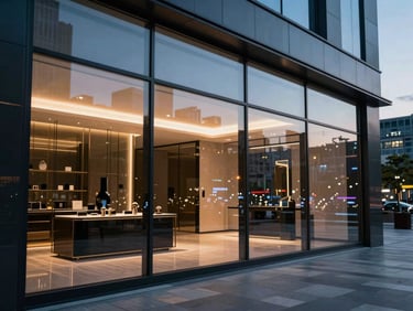 Sleek glass reflection of an urban luxury studio at dusk, high-end interior visible, city lights