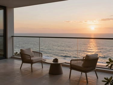 Luxury coastal apartment balcony overlooking the ocean at sunset, minimalist outdoor furniture