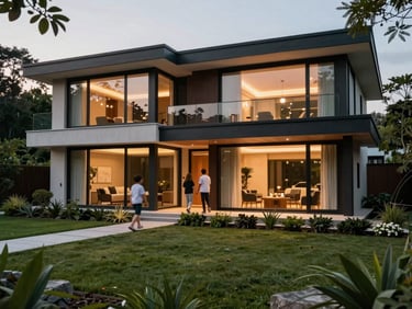 High-end contemporary family home with large glass windows, warm interior lighting, manicured garden