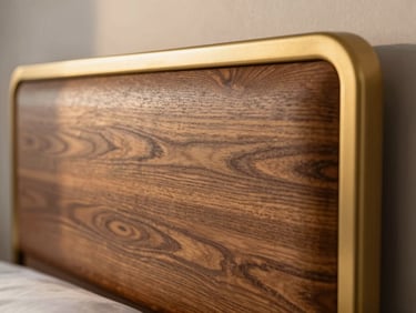 Detalhe macro de acabamento em madeira de lei e metal dourado escovado em cabeceira de cama de apartamento premium, iluminação suave de fim de tarde.