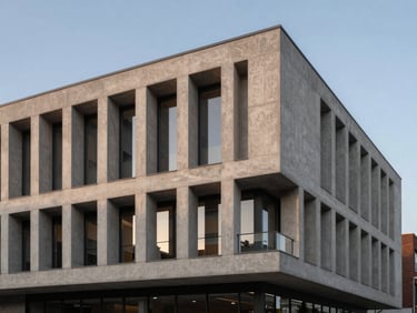 Modernist commercial building facade with clean lines and architectural concrete, twilight sky