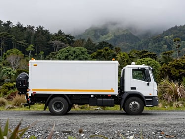 Wide landscape shot of a clean, professional arborist truck with safety equipment parked on a rural gravel road in Chiloé, lush green native forest in the background, misty overcast day.