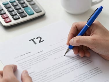A hand using a blue pen to sign a corporate document on a desk with a calculator and coffee mug.