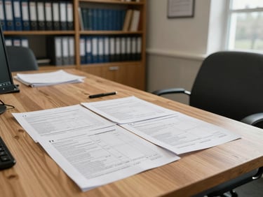 Wide office interior shot, Devon seated at a broad wooden desk reviewing printed T1 return forms under north-facing daylight, bookshelves of binders visible along the back wall, documentary candid framing