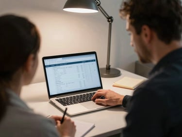 Over-the-shoulder view of Devon and a business owner seated side by side at a desk, both looking at a laptop screen showing a financial summary, warm overhead lamp, note-taking visible, Kelowna office, documentary framing