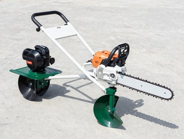 Heavy duty agricultural chainsaw and motor tiller arranged on a clean concrete floor, sharp commercial photography, bright daylight.
