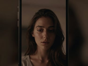 Close-up of a smartphone screen displaying a dynamic vertical video, muted bronze tones, cinematic editorial photography, dramatic low-key lighting