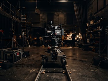 Cinematic wide-angle shot of a professional camera rig on a dolly track inside a high-contrast industrial studio, dramatic low-key lighting with warm bronze highlights and deep shadows, 35mm anamorphic lens.