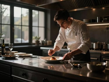 Cinematic editorial photography of a chef plating a dish in a dimly lit high-end restaurant kitchen, directional window light, deep shadows, high contrast.