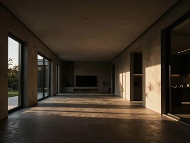Wide cinematic architectural shot of a modern luxury home interior at golden hour, deep shadows, high contrast, clean lines.