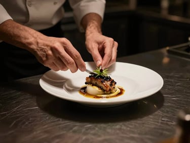 A chef meticulously plating a dish in a high-contrast kitchen, cinematic editorial photography, muted bronze tones, deep shadows