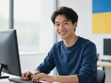 Crisp modern portrait of a digital specialist smiling, bright natural daylight, clean background, high-contrast blue accents, 35mm