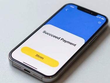 Close-up of a smartphone screen displaying a successful payment confirmation, soft workspace lighting