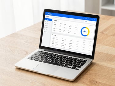 A laptop open on a clean wooden desk showing a simplified sales dashboard, bright high-key lighting