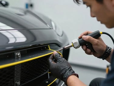 Close-up of a professional technician using a plastic welding tool on a sports car bumper, precise yellow alignment lines, clean clinical garage