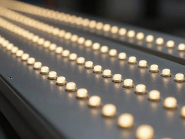 Siyah gövde üzerinde paralel sarı LED ışık çizgilerinin yansıması, düzeltilmiş pürüzsüz metal yüzey