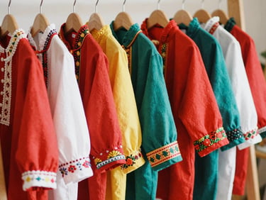 Bright, colorful children's traditional festive clothing hanging neatly on a wooden rack, warm indoor lighting