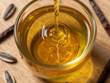 Extreme close-up overhead study of amber sunflower oil poured into a clear glass vessel on a raw wooden surface, golden light refracting through the liquid, scattered sunflower seeds and vanilla beans visible at the edges, high-saturation natural daylight