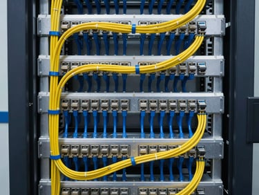 Straight-on architectural photograph of a meticulously dressed server rack, color-coded yellow and blue ethernet cables bundled in perfect parallel lines, clean industrial silver patch panels.