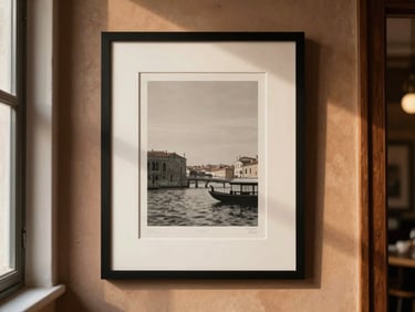 Elegant modern art lithograph framed on a warm Venetian stucco wall, soft directional window light, shallow depth of field