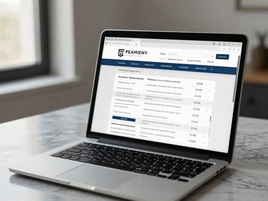 Close-up of a premium property listing displayed on a laptop screen placed on a marble desk, natural window light from the left, clean desk surface visible, editorial framing