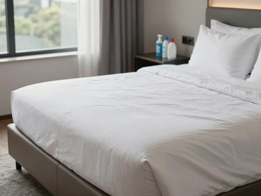Freshly made bed with crisp white linen in a premium rental bedroom, cleaning supplies organized on a side table, natural daylight from a nearby window, medium-wide environmental shot