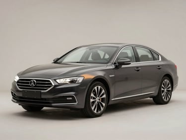 Dark premium sedan parked on a clean surface ready for handover, studio lighting with subtle gold reflection on the bodywork, front three-quarter angle, no people