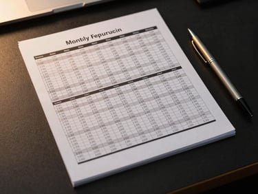 Overhead view of a structured monthly report document on a dark desk surface, a pen resting beside it, organized columns of figures visible, studio lighting with subtle golden accent