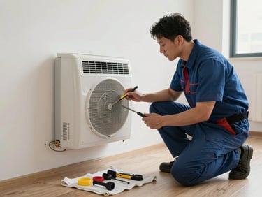 Maintenance technician inspecting a wall-mounted heating unit in a clean rental apartment interior, tools organized on a cloth on the floor, natural daylight, medium environmental framing