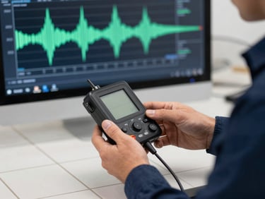 Close-up of a professional technician in dark blue uniform holding a digital geophone sensor on a tiled floor, high-tech screen displaying acoustic waves, sharp daylight.