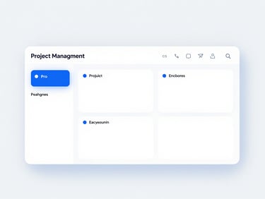 High-fidelity software UI mockup of a clean project management board, minimalist white and electric blue interface